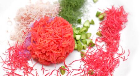 Colorful cooked rice that coloring by plant pigment, colorful cooked rice ball with vegetables on white dish/plate background, organic healthy food, art of food cooking, art cooked rice, food coloringの写真素材