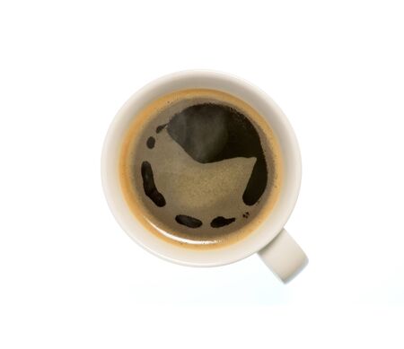 Isolated cup of coffee, top view closeup photo of cup of hot black coffee with steam isolated on white background, cup of hot americano coffee, can use for coffeehouse decorationの写真素材