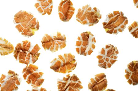 Rye flakes pattern and texture, a close up photo image of rye flakes isolate in white bright light background present a detail of texture and pattern of rye flakesの写真素材