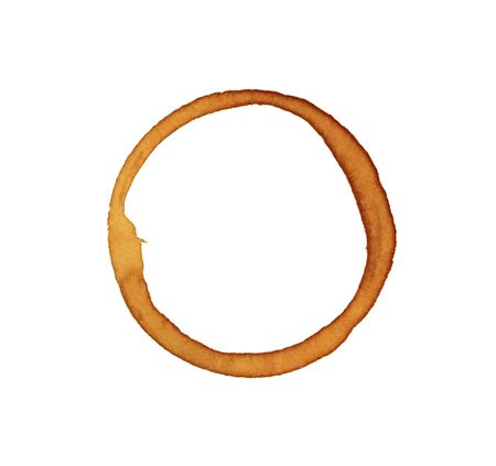 Isolate brown grunge coffee stain, a close up photo image  of brown grunge coffee stain mark from bottom of cup isolated on white background present a detail of grunge coffee stain pattern and textureの写真素材