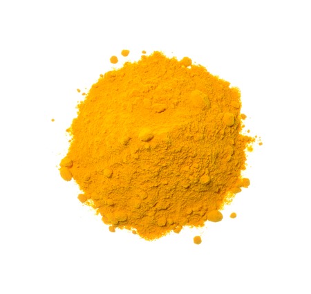 Isolate yellow turmeric/curcuma powder pile, top view closeup photo of yellow turmeric/curcuma powder pile isolate on white background present a texture on surface of yellow turmeric/curcuma pileの写真素材