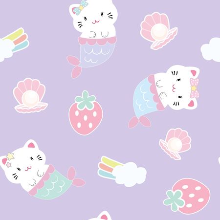 Cute cat mermaid with pearl seamless patternのイラスト素材