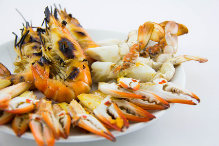 Ready-to-eat seafood on white backgroundの写真素材