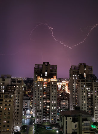 Lightning strike in the night sky over the city of Sao Paulo, Brazilの写真素材