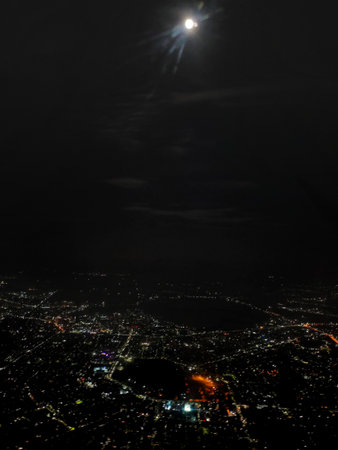 Aerial view of the city at night with the full moon.