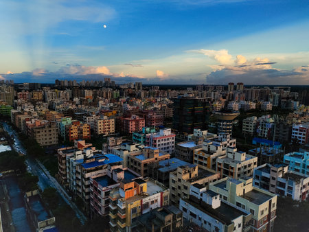Aerial view of a city at sunset