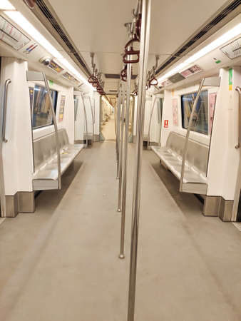Noida, UP / India - Dec, 2019 : Empty coach of Delhi Metro. The Delhi Metro is a rapid transit system serving Delhi & its satellite cities of Ghaziabad/Faridabad/Gurgaon/Noida/Bahadurgarh/Ballabhgarh.のeditorial素材