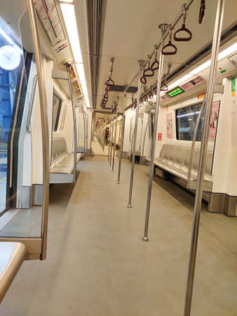 Noida, UP / India - Dec, 2019 : Empty coach of Delhi Metro. The Delhi Metro is a rapid transit system serving Delhi & its satellite cities of Ghaziabad/Faridabad/Gurgaon/Noida/Bahadurgarh/Ballabhgarh.のeditorial素材