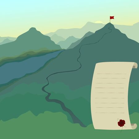 Landscape with flag on the mountain peakのイラスト素材