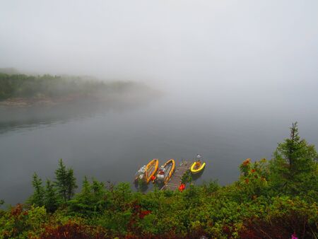 Aerial view of three brightly colored zodiacs moored. Thick fog is confused with lake water. Intense vegetation. Winter imageの写真素材