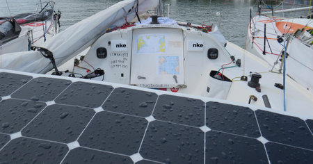 Martinique, France, November 23, 2019: skipper bow participant in the ocean voyage alone. Race Mini Transat Solar panel as energy.Renewable energyのeditorial素材