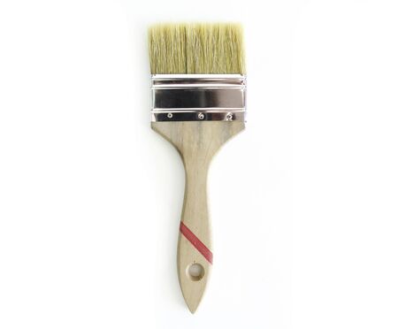 Isolated aint brush. Thick handle with longer bristles of double thickness and natural color. White...