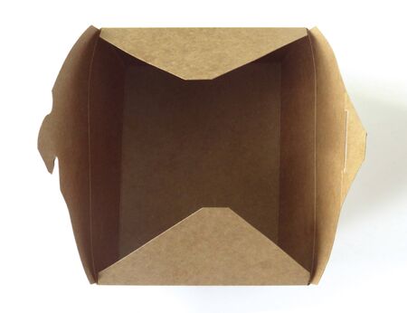 Aerial view of open and empty takeaway box. Recyclable cardboard open square box ideal for takeaway food isolated on white background.の写真素材