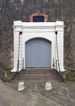 Martinique, August 2020: Front view of the bridge and the old gateway to the medieval fort of Saint Louis in Fort-de-France. French West Indies.のeditorial素材