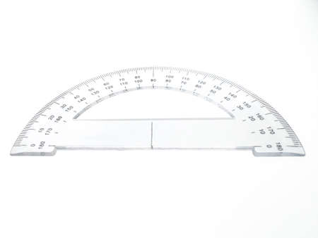 Aerial view of protractor for measuring degrees isolated on white background. Math instrument for...