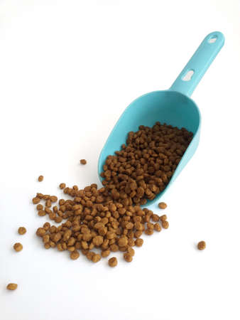 Overhead view of pet food and blue plastic shovel isolated on white background. Accessories for pet...