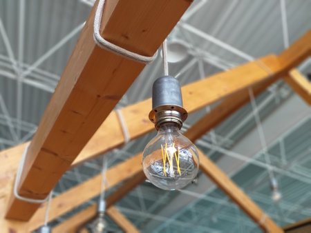 An old Incandescent light bulb close up. Light bulb hanging on wooden beam hanging on a rope. Vintage Industrial Lighting background.の写真素材