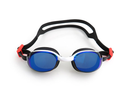 Front view of blue swimming goggles. Professional swimming goggles with blue mirror lenses isolated. Water sport accessory. Sports equipment and physical activity concept.の写真素材