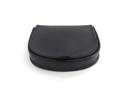 Old black CLASSIC Leather purse on white background. Close up of man's closed wallet for coins....