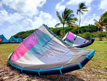 Martinique, October 2021: Kitesurfing kites, palm trees and tropical surroundings. Watersports in...