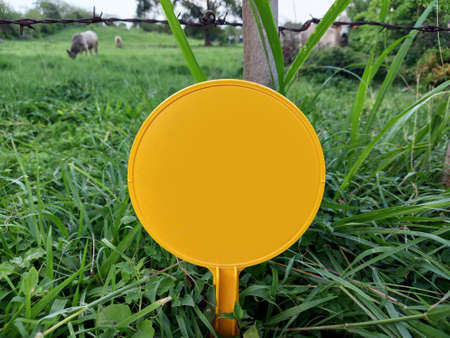 Yellow round sign with empty space to write in rural Caribbean setting. Forest marking in the French West Indies. Poles and markings..の写真素材