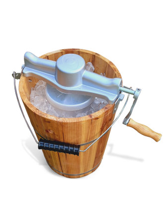Ice cream maker - vintage machine to produce ice creams or sorbets manually and traditionally isolated. Top view of wooden ice making machine on white background. Traditional refrigerator.の写真素材