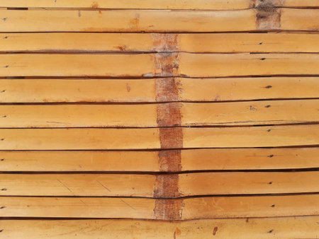 Dry bamboo background. Close up wood planks texture. View of thin brown bamboo slats. Bamboo cane cladding.の写真素材