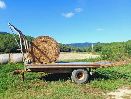 Large round bale of hay in farm cart under blue sky. Rural landscape of stacks of pressed dry straw. Agriculture and livestock pattern.の写真素材