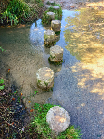 Round stepping stones to cross water. Stepping stones over water. Stone columns in water. Garden stone nature.の写真素材