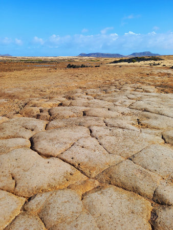 Arid landscape with Earth crack floor. Deserts and volcanic nature. Environment damage and global warming conceptの写真素材