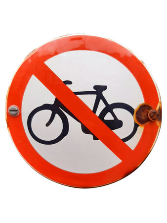 Close-up of a no-bike parking sign. Bicycle sign in Amsterdam, Netherlands. Prohibition sign, no bicycle, road sign. Signage and urban mobilityの写真素材