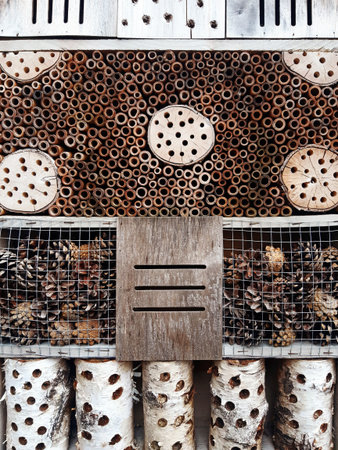 Insect hotel outdoor close-up. Front view of a bug hotel or insect house. Man-made structure created to provide shelter for insects. Biodiversity conservation.の写真素材