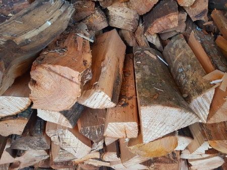 Close-up of firewood logs for a fireplace. Blocks of wood stored for kindling fireplaces. Natural...