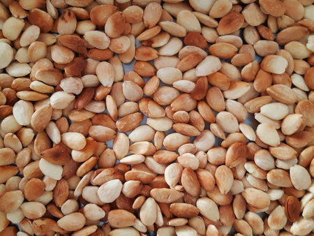 Oven-roasted, skinless, natural almonds. Baked nuts. Healthy eating.