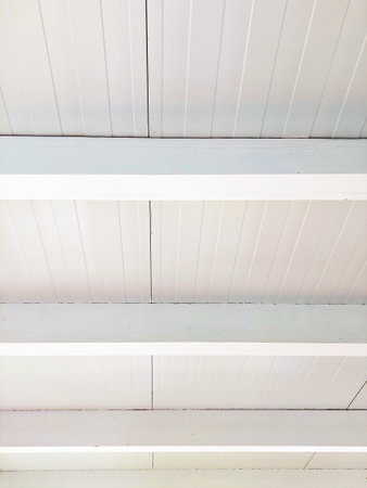 Perspective of white wood sheeting ceiling. White ceiling beams pattern background.