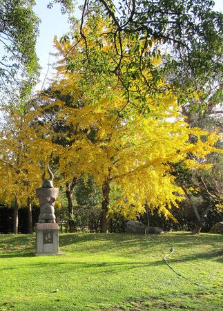 	Monument Samurai in an autumn Japanese garden                               