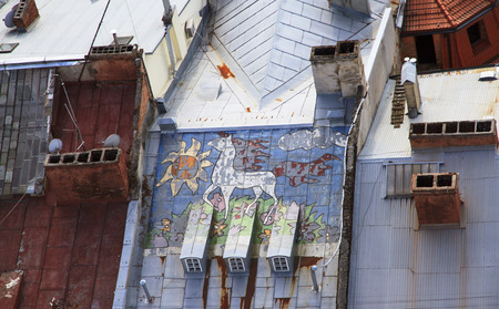 Horse drawing on an old roof. Art Lviv, Ukraine.の写真素材