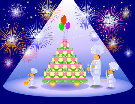 Illustration of a birthday cake, chef and two kitchen boyのイラスト素材