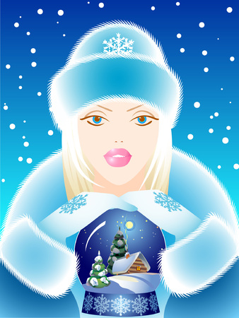 Snow Maiden with a gift. Vector illustrationのイラスト素材