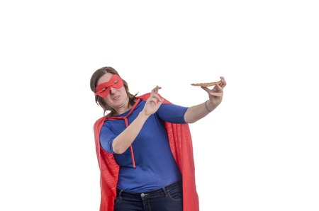 Woman superhero rejecting a piece of pizza with a red cape, white background