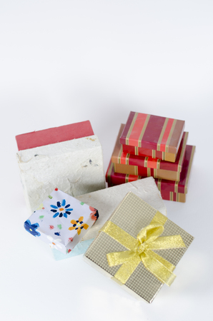 Gift boxes with ribbon on white background.の写真素材