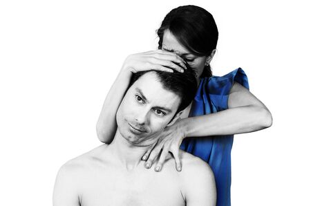 Cervical manipulation with axial compression over white backgroundの写真素材