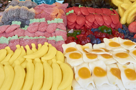 Various colorful sugar candy on a market in Valencia. Sweet