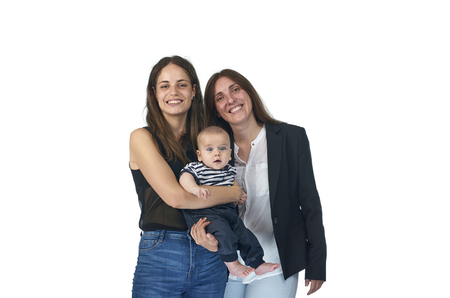 Lesbian love, young lesbian mothers with their baby. Homosexual familyの写真素材