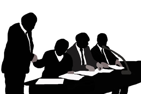 businessmen and woman sitting at the table. One of them just arrived and shaking hand with the others. On the table there are papers, microphon, files.のイラスト素材