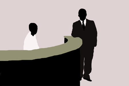 At the reception the woman and the businessman waiting the custemers.のイラスト素材