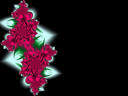 Purple fractal flower greeting card with black background.の写真素材