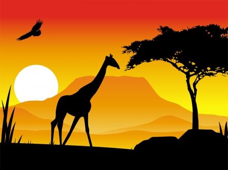 giraffe silhouette illustration with background sceneryのイラスト素材