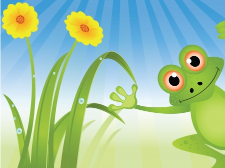 illustration of a cute cartoon frog with grass backgroundのイラスト素材