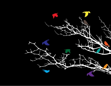 Tree silhouette with bird flying のイラスト素材